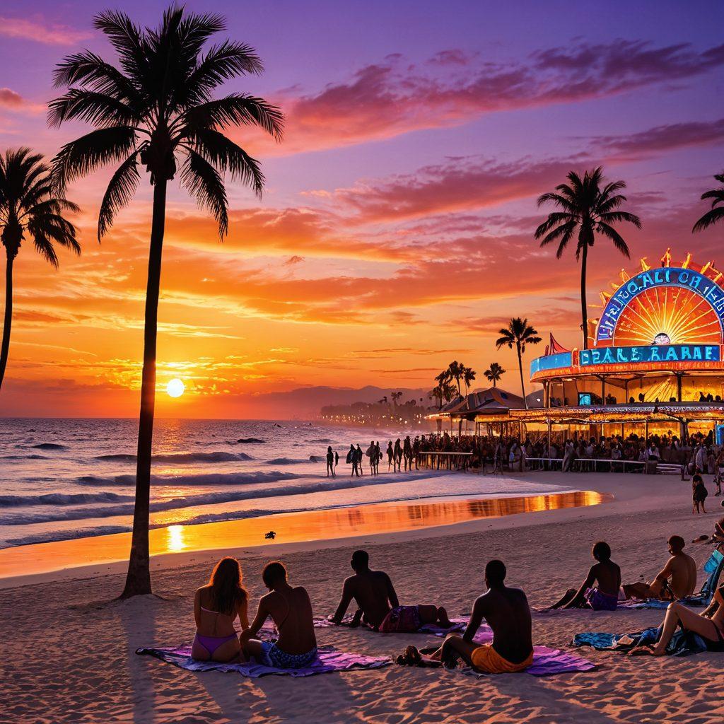 A lively beach scene featuring colorful beachwear silhouettes in the foreground, with people enjoying sunbathing and playing beach games. In the background, an extravagant casino marquis adorned with bright lights and big dollar symbols, blending the energetic beach atmosphere with a glamorous nightlife vibe. Palm trees sway gently under a vibrant sunset sky. super-realistic. vibrant colors. summer theme.