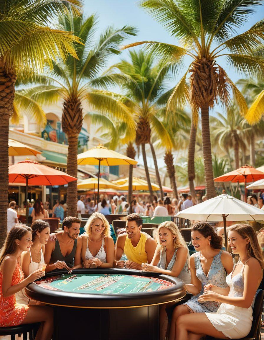 A vibrant summer scene featuring a dynamic casino landscape, with colorful slot machines and roulette tables under sunny skies. Include an enthusiastic group of friends enjoying gaming together, sipping drinks adorned with umbrellas. The background showcases palm trees and beach elements, evoking a leisure vibe. Emphasize joy, strategy, and social interaction in the image. super-realistic. vibrant colors. summer theme.